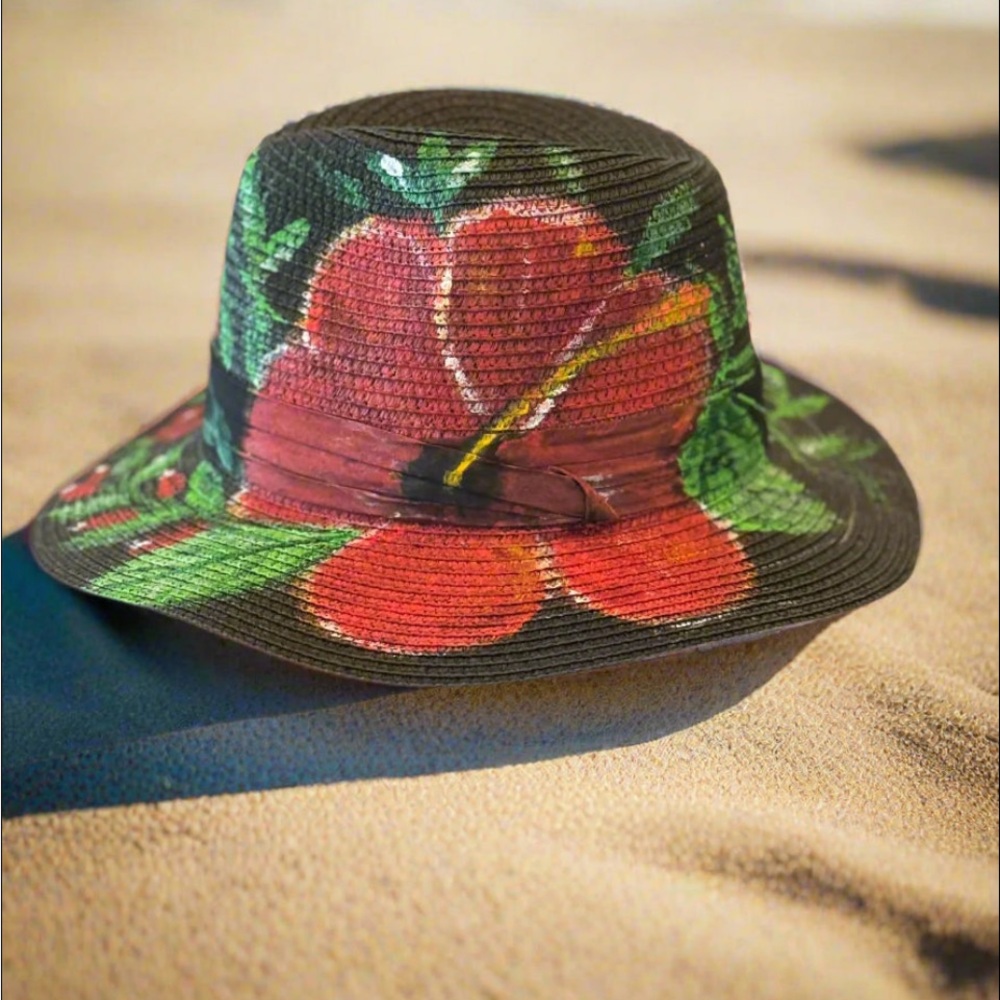Floral Straw Hat with Red Hibiscus Design